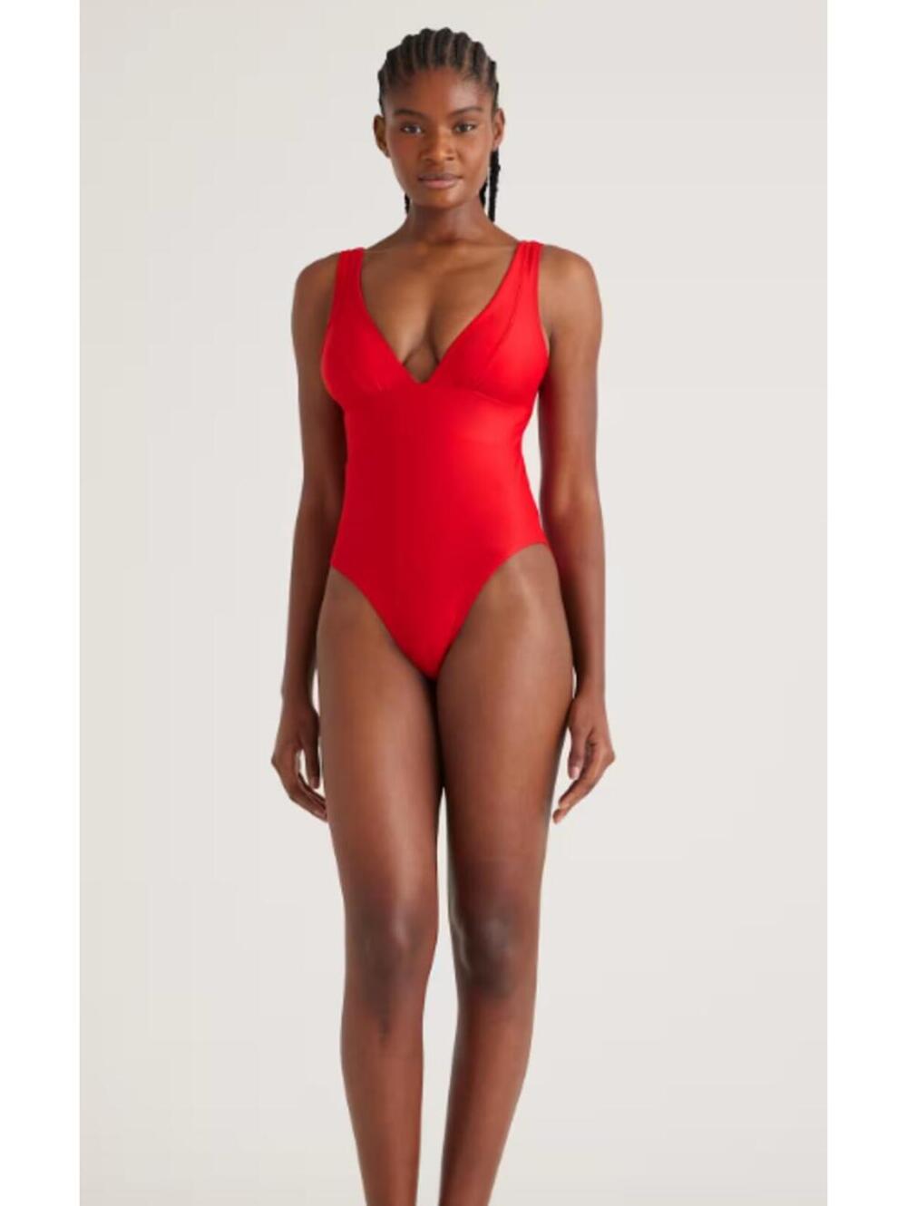 NWT Quince green Italian plunge One piece swimsuit sz Large UPF 50, Compression